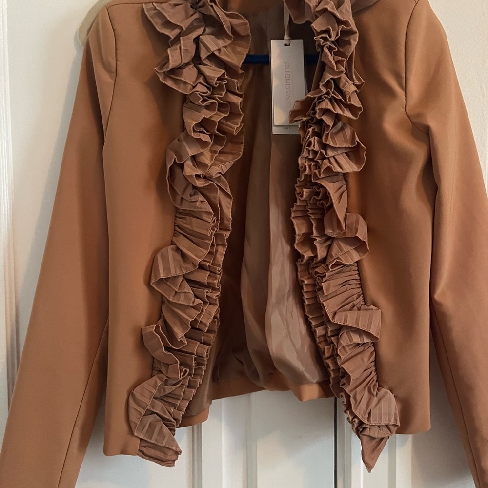 Rinascimento Camel Ruffled Open-Front Blazer